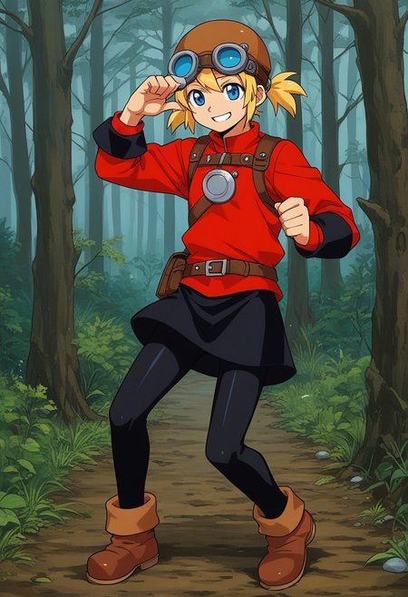 score_9, score_7_up, source_anime, BREAK solo, <lora:Pratty_XL:1> Pratty, blue eyes, short hair, light blonde, short twintails, hair through headwear, goggles, brown headwear, red shirt, short over long sleeves, black long sleeves, red skirt, black pantyhose, leather breastplate, brown footwear, smile, cold forest, taiga, snow,, river, mill