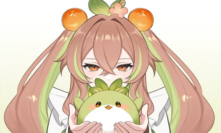 masterpiece,best quality,absurdres,very aesthetic,very awa,highres,newest,year 2024,year 2023,<lora:add-detail-xl:0.9>,<lora:illustrious_best_quality_v1:0.8>,<lora:Periru_Vtuber:1>,PeriruILXL,virtual youtuber,multicolored hair,brown hair,green hair,hair ornament,food-themed hair ornament,brown eyes,hair between eyes,dynamic background,detailed,dynamic_angle,best eyes,best hands,very long hair,