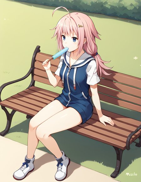 <lora:Azlamcall_SDXL_pony_fp16_ver01d:1>,Azlamcall, 1girl,solo,pink hair,blue eyes, full-length zipper,star hair ornament,shoes,sitting on park bench,holding popsicle,, score_9, score_8_up, score_7_up, BREAK source_anime, rating_questionable, best quality, masterpiece, uncensored,<lora:pony_good_hands:1>,good_hands ,[pony diffusion V6 is trained by PurpleSmartAI:100]