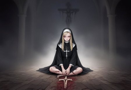 horror \(theme\),("Nevson Arts" text logo),shadows,foggy,abandoned church,dark blood,darkness,bones,anime style,anime,nun is sitting on knees,blonde,long hair,