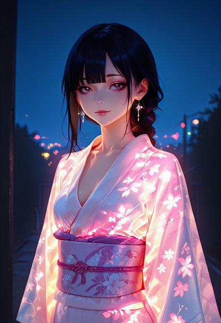 highest quality, extremely detailed, 4k, 8k, amazing quality, masterpiece,EasyNegative_v2, (best quality:1.1),ultra-detailed, high resolution, super detailed skin, beautiful detailed eyes, nsfw, Brightly Lit, Highly Visible, 8k, sharp focus, beautiful, perfect lighting, beautiful eyes, anatomically correct, anatomically correct face, extremely detailed eyes, smooth edges, beautiful face, symmetrical eyes, symmetrical face, BREAK, 
black hair, medium hair, blunt bangs ,single braid, BREAK,
earrings, sexy lips, eyelashes, small breasts, BREAK,
shiny skin, 1girl, light smile,BREAK,
indoor, night, rim lighting, looking at viewer, BREAK,
glowing kimono, kimono, BREAK,