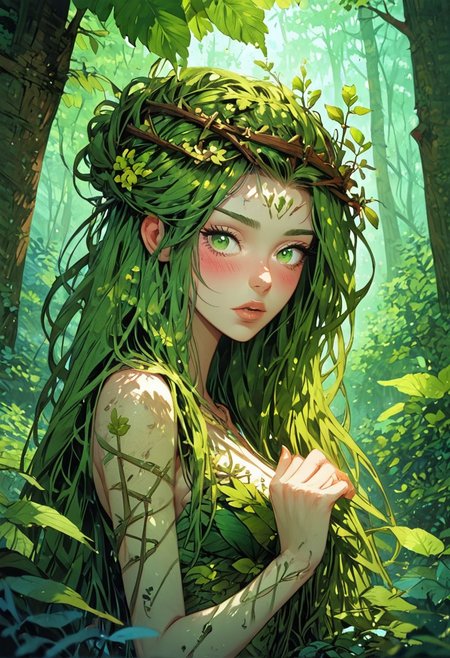 score_9, score_8_up, score_7_up,  1 girl, dryad, slim, petite, plant clothes, plant hair, long straight hair, sitting on a tree, a lot of plants, nature goddes, wooden jewelry, blush, beautiful face, green eyes, dutch angle, pink fingernails, moonlight, forest, green leaves, floating leaves,  <lora:Expressive_H-000001:0.8>, expressiveH   <lora:Fant5yP0ny:0.9> <lora:Pony_DetailV1.0:0.9>