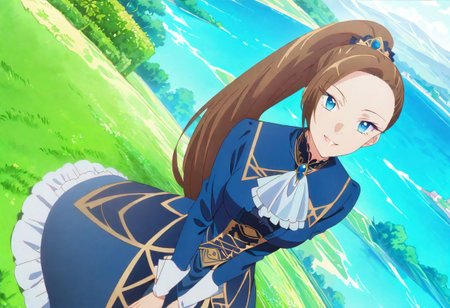 masterpiece, best quality,  1girl, outdoors, looking at viewer, solo, highres, brown hair, long hair, ponytail, blue eyes,
(Katarina Claes, wear blue original Victorian dress :1.0), dynamic pose, at beautiful garden , seductive smile,  detailed eyes,  best quality,  full body shot, landscape , sitting on edge of white wall,
dynamic Camera angle, random Camera angle, 
score_9, score_8_up, score_7_up, rating_explicit, epiCPhoto, sharp avn award winning photo, ultrasharp, artistic photoshoot, masterpiece, best quality, detailed painting,