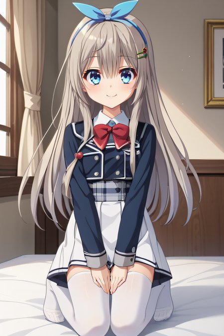 score_9, score_8_up, score_7_up, source_anime, rating_safe, intricate details, anime screencap, official style, 1girl, solo, <lora:Sagisawa_Arisu:1>, arisu, grey hair, blue eyes, long hair, blue_hair_ribbon, hairband, hairclip,  school uniform, collared shirt, blue sleeves, long sleeves, black plaid waist, red bow, white skirt, pleated skirt, thighs, white thighhighs, looking at viewer, indoor, full body, kneeling, feet, hands on knees, smile, on bed