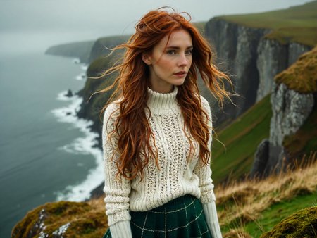 (back facing viewer:2), (analog photograph, hyperrealistic, masterpiece, 8K, soft cinematic lighting, cold|dreary atmosphere, windy:1.75), (tall woman, very long messy hair, overlooking the cliffs of Moore, tight white knitted aran sweater, short plaid green skirt:1.5), pale skin, redhead, skinny <lora:RMSDXL_Enhance:1.5>  <lora:RMSDXL_Creative:1>