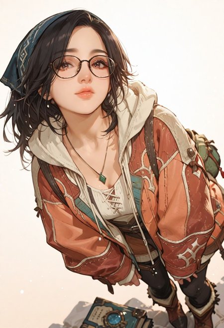 monster_hunter_wilds_alma, mnstrhntrwldslm, monster hunter \(series\), monster hunter \(character\), monster hunter wilds, 1girl, backpack, bag, black hair, book, boots, brown eyes, brown footwear, glasses, hood, hood down, jewelry, necklace, lips, long hair, nose, bandana, headscarf,
 looking at viewer, simple background, close up,, dutch angle, 
BREAK ma1ma1helmes_b_illu,sketch, r17329_illu, xxx667_illu,
BREAK styling pose, fashion pose, sexy posing, dynamic angle, bloom, soft lighting, golden hour lighting, 
BREAK perfect details, masterpiece, best quality, ultra-detailed, best illustration, high resolution, extremely detailed CG, unity 8k wallpaper, textile shading, super detailed skin, perfect anatomy, detailed, cinematic lighting, dynamic lighting, light particles, beautiful detailed eyes, absurdres, very aesthetic, detailed background, depth of field