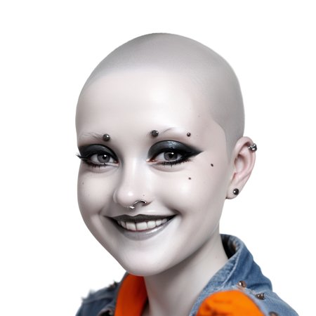 portrait, br0wl3ss, orange hoodie, solo focus, makeup, greyscale, simple background, smile, mole under eye, white background, piercing, denim jacket