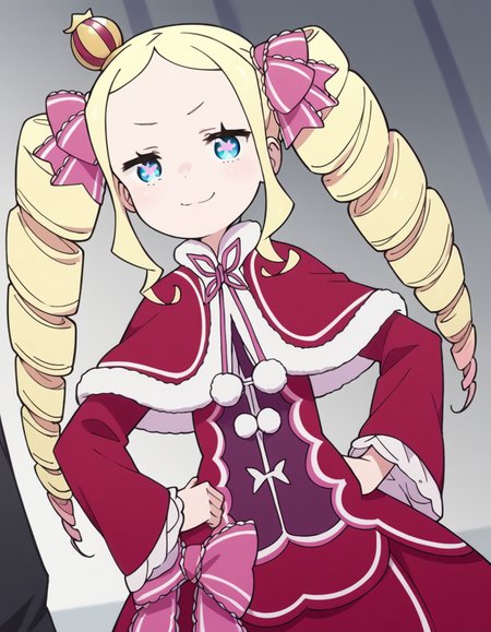 score_9, score_8_up, score_7_up, source_anime, <lora:rezero-beatrice-s3-leak-ponyxl-lora-nochekaiser:1>, beatrice, long hair, blue eyes, blonde hair, twintails, hair ribbon, sidelocks, symbol-shaped pupils, drill hair, twin drills,, dress, ribbon, fur trim, capelet, crown, mini crown, red capelet, frills, bowtie,, indoors, smug, smile, looking at viewer, solo, hands on hips,, cowboy shot, dutch angle