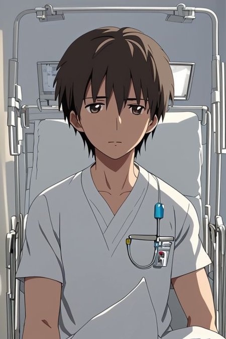 high resolution, solo, best quality, 1Boy, Takaki Toono, Brownish Hair, Brown Eyes, bandage, patient, hospital, OverallDetail
