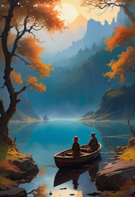 (art by Ivan Pokhitonov and Nikolai Triik and Maxfield Parrish:1.2), ( award winning, (aesthetic of abstract landscape with wailing atmosphere:0.1),dystopian style from the cave you can see a smooth lake, a girl and a dog are sitting in a boat, there is fog on the shore, a dark forest, mountains are illuminated by dawn in a haze . bleak, post-apocalyptic, somber, dramatic, highly detailed
 battle stancevibrant,  , highly detailed,byJocelyn Hobbie and Charles Dwyer, Triadic color guide,Leica Q2 with Summilux 28mm f/1.7 ASPH, ,clear face, Ultra High Resolution,