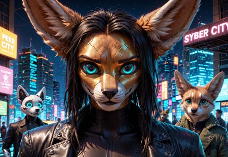 score_9, score_8_up, score_7_up, score_6_up, photorealistic, epiCPhotoGasm-colorfulPhoto, Realistic, highres, super high resolution, 8k, photo, furry, Furry, anthro, fur, male, fennec, brown fur, implanted eyes, robot face, robot face, he has gold plate on the head,  implanted forehead, blue glowing eyes, metal head, gold forehead, metal eyes, sad, long black hair gathered in a long ponytail, black hair, metallic head, metal face, he has implanted face, close-up, long dark green thick coat, green coat,  black leather shirt, black tight pants, long black hair, implants, implant eye, robot, furry,  cyberpunk, night, cyber city, cyberpunk city, metallic eyes, metallic fur, robot, thin body, night, city, cyberpunk city, cyberpunk, realistic, detailed, detailed fur, 