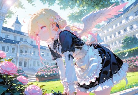 ((tending the garden,negative space:1.5))

1 girl, short and petite,(blonde hair:1.3), (vibrant pink accents hair:1.1),fair skin,pink eyes, (sparkling eyes:1.1),ahoge,small wings ,floating feathers,(low twintails:1.3)

(Shoulderless sleeve,Black Victorian Maid outfit,hair bun:1.3),(bright victorian mansion,bright victorian garden:1.5),(day:1.5),

(Bokeh around character:1.3),(character focus:1.2),((dynamic pose:1.4)),((foreshortening:1.6)),((extreme perspective:1.4))

748cmstyle,Cunnystyle,Smooth_Quality,amazing quality, ((aesthetic:1.3)),(bold lines:1.3),((4k,8k,Ultra HD)),((Masterpiece :1.2)),((Best quality :1.2)),((Detailed :1.5)),((Detailed background :1.5)),