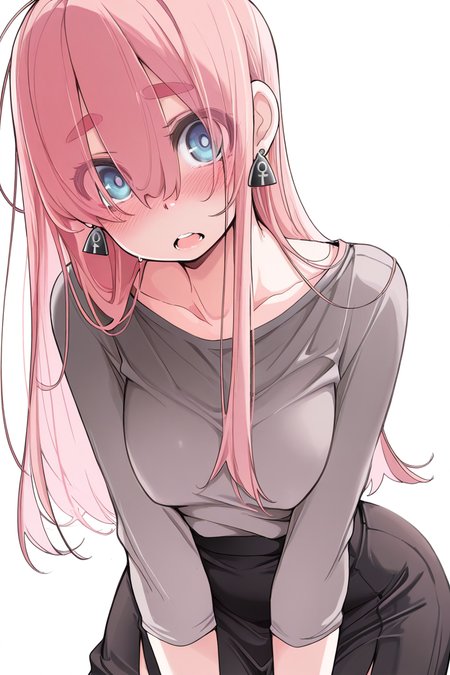 masterpiece, best quality, amazing quality,
 <lora:TNSK_IL:1> tnsk, 1girl, solo, pink hair, earrings, jewelry, blue eyes, long hair, white background, thick eyebrows, eyes visible through hair, blush, skirt, simple background, open mouth, looking at viewer, black skirt, grey shirt, tkg
