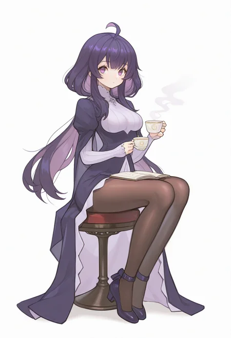 masterpiece, best quality,  <lora:Alpaca:1> 4lp4c4,  1girl, solo, cup, purple hair, sitting, dress, long hair, breasts, ahoge, purple eyes, white background, full body, simple background, looking at viewer, holding, pantyhose