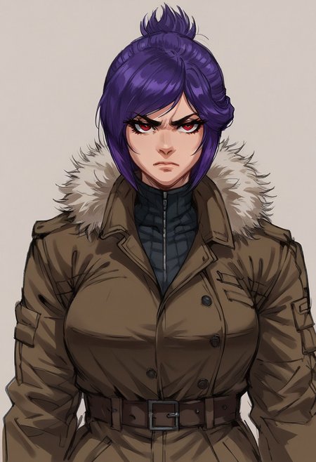 score_9, score_8_up, score_7_up, beatyfull color, aesthetic, 
yoji_shinkawa, sketch,
close-up shot,
solo, 
1girl,
sabia, human, purple hair, red eyes, folded ponytail,
trenchcoat, black fur trim,
large breasts, 
closed mouth, serious, looking at viewer,