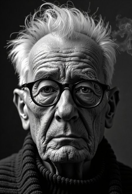 A highly detailed, black-and-white, silhouette, closeup, professional photo portrait of a old man with wrinkles and white hair. He has tanned skin and sad eyes framed by big glasses. His hair is short and white. He wears an elegant sweater. The background is pitch black, with smoke behind the woman, creating a dramatic contrast with hia tanned skin and white hair, drawing the viewerâs focus entirely onto her. The lighting, hitting only one side of his face, is hard in chiaroscuro style, giving depth to her features and an air of mystery. The overall style blends gothic and fantasy influences, with a strong emphasis on realism and a refined sense of elegance and enigma.