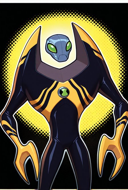 <lora:lodestar-10:1> lodestar, solo, alien, robot, no humans, green eyes, crab claws, black body, yellow stripes, yellow background, black background, small head, grey head, big arms, cowboy shot,, masterpiece, best quality, amazing quality, very aesthetic, absurdres, newest,, upper body, halftone effect, white borders, abstract background:1.2,