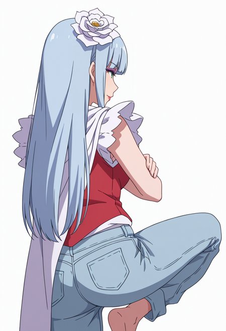 Smooth Quality,masterpiece,very intricate, high quality details, ultra realistic, high detailed skin,detailed enviorement,absurdres,
 <lora:Manami_Supernova_CNR:0.8> manami_cnr, 1girl,blue hair, long hair, blunt bangs, green eyes, makeup, lipstick,white flower,hair flower, hair ornament,, simple background, white background, from behind,solo,
leaning against wall, one foot up, arms crossed, looking away,,, :>,, waistcoat,   ,cape, ,rolled-up jeans,  ,