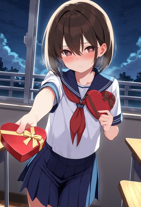 masterpiece,best quality,amazing quality,

trap, hair between eyes, flat chest, heart-shaped box, holding, box, gift, valentine, incoming gift,  blush,outdoors, night sky, clouds,  classroom, serafuku, school uniform, white shirt, blue sailor collar, blue skirt, pleated skirt, short sleeves, neckerchief, red neckerchief,