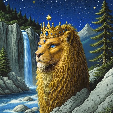 <lora:Vintage_Wizard_Fantasy_illustrationSDXL:1> Vintage Fantasy illustration, The image is a digital illustration of a lion's head and neck. The lion is standing in front of a waterfall cascading down a rocky cliff in a mountainous landscape. The background is filled with tall trees and mountains and the sky is a deep blue with stars twinkling in the distance. The lion's fur is a golden color and its eyes are a piercing blue. It has a crown on its head which is a symbol of power and strength. The crown is made up of small gold jewels and is placed on top of its head. The overall mood of the image is mystical and majestic., no humans, night, sky, blue eyes, tree, nature, waterfall, star (sky), night sky, water