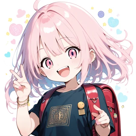masterpiece, best quality, very aesthetic, absurdres, masterpiece, best quality, very aesthetic, absurdres
1girl,chibi,pastel colors, peace sign,smile,open mouth
 <lora:randoseru_pony_v4:1:lbw=0,0,0,0,0,0,1,1,0,0,0,0>randoseru,backpack