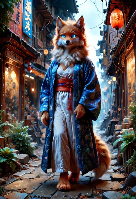 score_9, score_8_up, score_7_up, score_6_up, Realistic, highres, sharp background, super high resolution, 8k, photo, anthro, detailed fur, high res, detailed background, detailed face, detailed mouth, beautiful detailed  blue eyes, glowing neon eyes, furry, looking at the viewer, skinny, small breasts, (full body whole), ral-fluff, full-length, sly smile, fluffy collar, 1girl, shy expression, blue purple spots on body, neon fur, japanese city, sakura, white fur, white fox, katana, dressed in kimono, katana sword in hands, lightning, stormy weather, sword swing