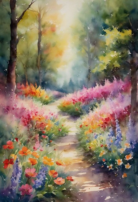 A captivating watercolor painting depicting a dreamlike landscape where reality and fantasy seamlessly merge. Colorful flowers bloom in abundance, releasing their enchanting fragrance into the air. The flora varies from delicate pastel hues to bold, vibrant colors, creating a symphony of visual and olfactory delight. The flowers appear to have a life of their own, as if they hold the essence of the soul, and their fragrance is carried by the gentle breeze, caressing the skin with a sense of pure bliss.