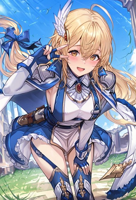 masterpiece,best quality,absurdres,perfect lighting,outdoors,grass,day,wind,blue sky,
*//*,<lora:Rizette_LL-Illustrious:1>,rizette_ll,1girl,solo,blonde hair,long hair,(low-tied long hair:0.9),ahoge,yellow eyes,hair bow,blue bow,dress,armor,shoulder armor,fur trim,fingerless gloves,thighhighs,garter straps,boots,cape,hair ornament,
*//*,looking at viewer,cowboy shot,light smile,open mouth,leaning forward,v over eye,