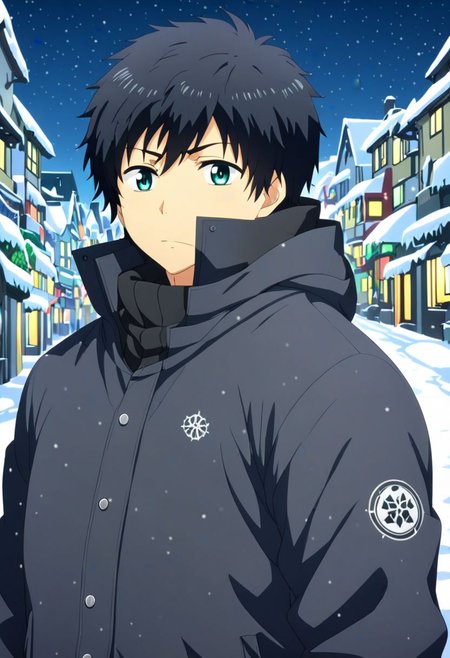 high resolution, solo, best quality, 1Boy, Arata Kaizaki, Black Hair, chilling, snow town, winter jacket, OverallDetail