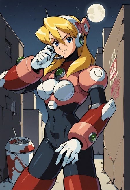 score_9, score_8_up, score_7_up, score_6_up, score_5_up, source_anime, anime_coloring, anime_screencap, retro_artstyle,
AliaMMX, android, 1girl, blonde hair, bangs, hair between eyes, blue eyes, robot ears, breasts, MMX8, headset, long hair, red armor, red boots, white gloves, black bodysuit
upper body, close-up, face focus, looking at viewer standing, leaning, leaning against the wall, smirk, naughty fac, hand inside pockets, mean look, rebel, dark alley, garbage, paper, trash cans, graffiti, torn posters, detailed background, night sky, stars, black sky, moon, moonlight, moon's ray, dim lights, cityscape