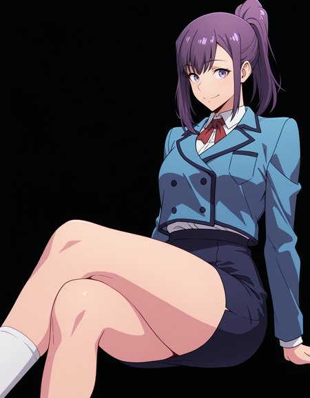 <lora:Jin Ah Illu:1> 1girl, solo,
jin-ah, purple eyes, purple hair, ponytail, sidelocks,
pencil skirt, collared shirt,  white shirt, blue jacket, school uniform, white socks, red neck ribbon, 
sitting, smile, crossed legs,, masterpiece, best quality, amazing quality, simple background, black background,