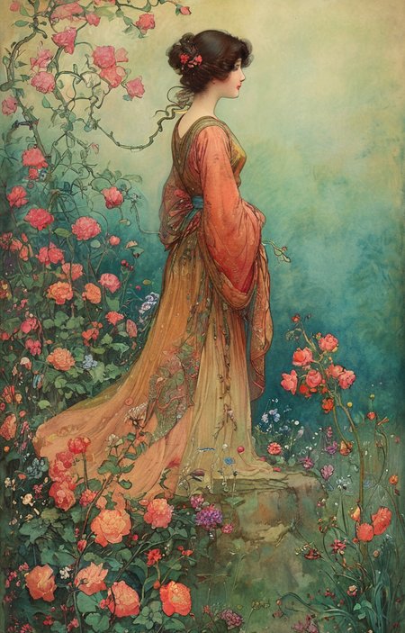 masterpiece,best quality,<lora:tbh144-sdxl:0.7>,patten,computer,flowers,illustration,style of Warwick Goble