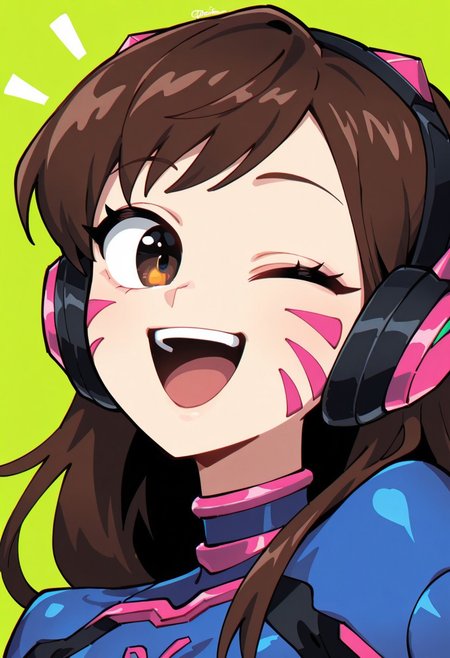 {{masterpiece,best quality,amazing quality,absurdres}}, {{flat shading, cel shading}}
BREAK
1girl, solo, upper body, simple background, portrait, looking at viewer, d.va, :D, excited, wink