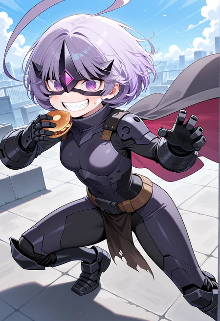 1girl, short hair, huge ahoge, @_@, armored bodysuit, black cape, purple eyes, purple hair, gloves, black mechanical gauntlets, black eye mask, belt, loincloth, armored boots, outdoors, on rooftop, wind, small breasts, fighting stance, grin, sharp teeth, furuious, eating <lora:Bronco_Mask_Trash:1>   looking at viewer, masterpiece, best quality, amazing quality, very aesthetic, absurdres, highres, newest
