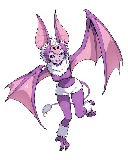 1girl, solo, succubat \(dragon quest\), harpy, monster girl, bat girl, winged arms, bat wings, nose heart on head, black sclera, yellow eyes, fang, hur trim, colored skin, purple skin, tail, craws, looking at viewer, full body, simple background, white background, masterpiece, best quality, very aesthetic, absurdres