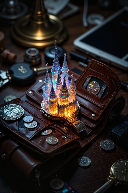 A hyper-realistic portrait, photorealistic photo close-up image of  A close-up portrait of a tiny, intricately detailed castle made of shimmering crystal, sitting inside a well-used leather wallet on a cluttered nightstand. The castle, complete with towering spires and delicate balconies, glows faintly with an inner light, casting tiny rainbows across the worn leather of the wallet. Coins and crumpled bills are tucked away in the walletâs pockets, but the castle stands proudly in the center compartment, its gleaming presence at odds with the mundane items around it. The nightstand is littered with everyday objectsâa set of keys, a half-empty glass of water, and a charging phoneâhighlighting the strange contrast between the ordinary and the fantastical. The light from a nearby lamp catches the edges of the castle, making it sparkle like a hidden treasure. This image evokes a sense of wonder, as if magic can be found in the most unexpected places, hidden away in the corners of daily life. (photography, high-resolution, dynamic, energetic,hyper-realistic, dramatic lighting, shallow depth of field.), detailmaximizer, MythP0rt<lora:midjourney_whisper_flux_lora_v01:0.55><lora:aidmaMJ6.1-FLUX-V0.1:0.4><lora:FluxMythP0rtr4itStyle:0.4><lora:detailed_flux_ntc:2.2><lora:aidmaImageUpgrader-FLUX-V0.1:0.65>