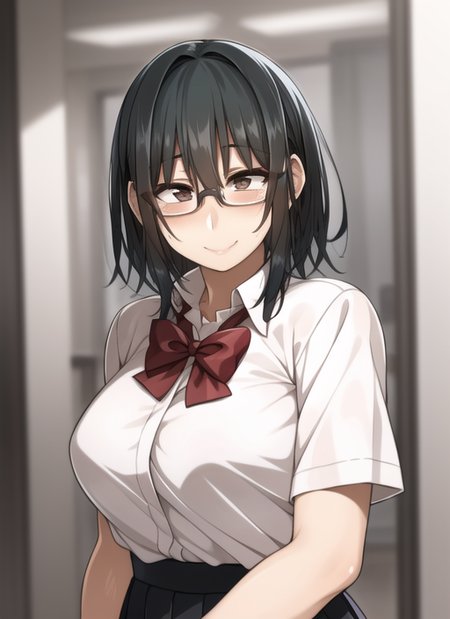 1girl, black hair,glasses, standing, smile, school uniform,   blush,,  beautiful, masterpiece, best quality, extremely detailed face ,korotsukestylems ,<lora:korotsukestylems:1>