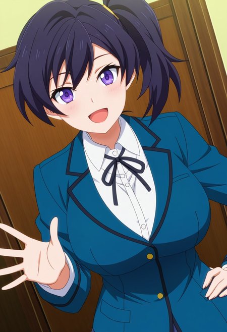 general,highres, ultra-detailed,very aesthetic,best quality ,best hands,best eyes,easynegative,
dynamic anglre, dutch angle, anime cloring,anime screencap,
1girl solo,looking at viewer,smile, open mouth, waving hand, hand on hip, 
Ayame Fujisawa, black_hair, side ponytail, purple_eyes, huge_breasts,school uniform,