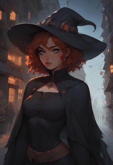 score_9, score_8_up, score_7_up, 1 girl, Ianmae, freckles, witch, fantasy, (short hair), red hair, messy hair, Expressiveh, outdoor, medieval city street, tavern exterior, night, dark scene, dimly lit