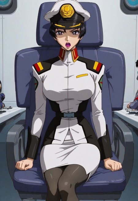 safe_pos, score_9, score_8_up, score_7_up, zPDXL3, Expressiveh, source: anime, anime screencap, anime coloring, natarle, 1girl, solo, blue sky, purple eyes,black hair,short hair, purple lips, perfect face, detailed face, perfect lips, ultra-detailed eyes, detailed hair, (perfect anatomy, perfect proportions), large breasts, ultra-narrow waist, ultra-fit figure, ultra-flared hips, ultra-round ass, butt crack, tight ass, shapely legs, peaked cap, military uniform, skirt, pantyhose, boot, indoors, detailed backgrounds, science fiction, naval warship interior, modern warship, command bridge, sitting in captain's chair, leaning back on chair, sci-fi consoles, crew in background, shouting orders, grasping the edges of her seat, determined, expressive, focused, looking forward, focus on face, viewed from front