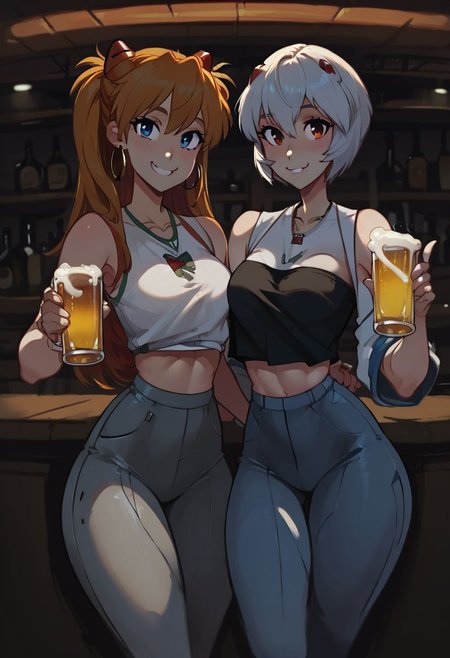 score_9, score_8_up, score_7_up, <lora:Smooth Style LoRA XL:0.4>, zPDXL 2girls, together, ayanami rei holding hands with asuka langley, crop top, necklace, smile, bar \(place\), hoop earrings, holding cup of beer, eyelashes, cowboy shot, looking at viewer, indoors, white tube top, shirt, grey pants,
