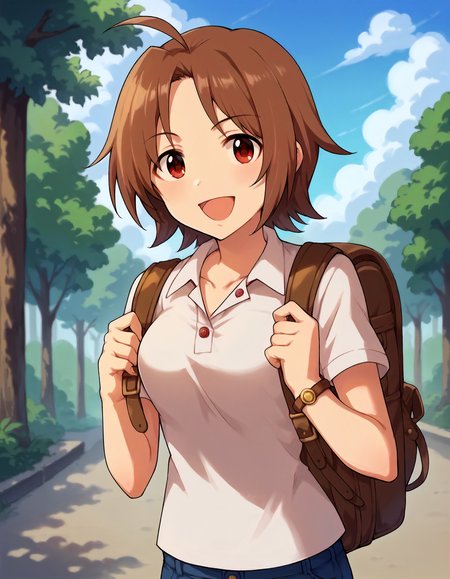 score_9,score_8_up,score_7_up,1girl,solo,cowboy shot,looking at viewer,smile,open mouth,outdoors,
<lora:saitouyouko_ponyXLV6:0.8>,cgsy,brown hair,short hair,ahoge,red eyes,
shirt,brown backpack