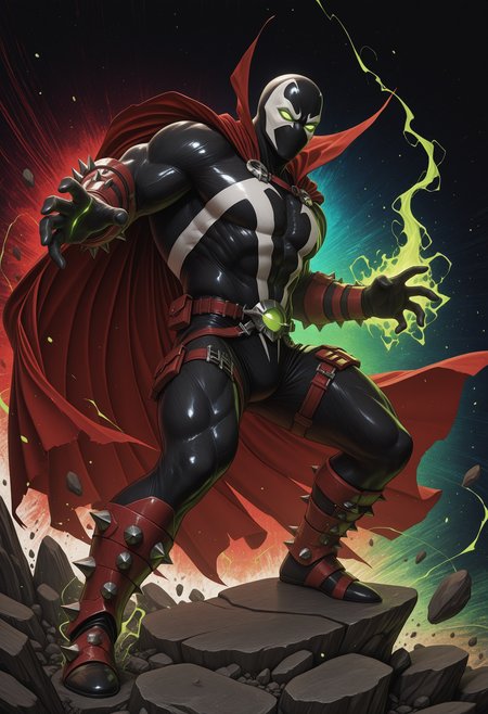solo, 1boy, male focus, full-length portrait, sp4wn, mask, green glowing eyes, no pupils, red cape, action pose, dynamic, magic user, particles, muscular, (abstract background, multicolored background, lineart:1.3), rock, superhero, 5 fingers
perfect anatomy, masterpiece, perfect quality, best quality, detailed, newest, very aesthetic <lora:Spawn_Marvel_V1_ILXL:1.0000000000000002> <lora:illustriousXL_stabilizer_v1.72:0.6>