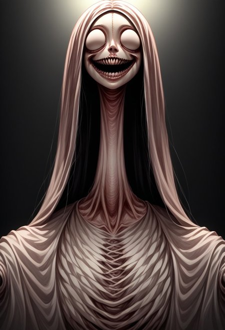 score_9, score_8_up, score_7_up, source_anime, solo, Nightmarish Jessica Rabbit, (looking towards the viewer, face view, close up face, head shot, face portrait:1.4), (long arms, long legs, long neck, horror, no eyes, no face, large mouth, creepy smile, skinny, bones, Victorian gown:1.5), close face view, (indirect lighting, dynamic lighting:1.4), simple background, (detailed image, high resolution, 5k resolution:1.0), VikingAnime, (horror Art Style:1.2)