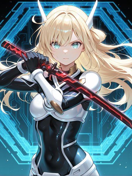 sky striker ace - raye,battle bodysuit,1girl,solo,holding black katana,black katana,standing,blue honeycomb \(pattern\),white headgear,white breastplate,black bodysuit,white armored gloves,gradient background,looking at viewer,circuit board print,blue theme,two-handed sword,serious,upper body, floating hair, 
masterpiece,best quality,amazing quality,very aesthetic,absurdres,newest,<lora:Sky striker ace - Raye illusXL v1:0.75>,