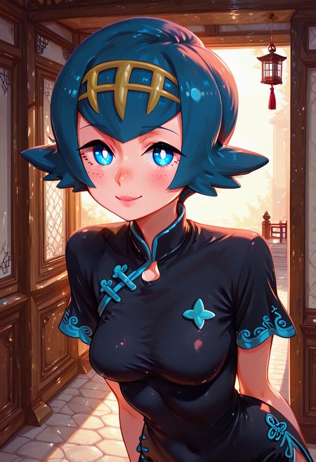 masterpiece, best quality, 1girl, solo, eyelashes, (beautiful eyes), curvy, medium breasts,   (upper body:1), (leaning forward, delicate lips, slightly pink lips), looking at viewer,   zzLana, blue eyes, short hair, bright pupils, bow, short sleeves, black dress, chinese clothes,  smile, looking at viewer, pretty background,     <lora:ShamonabeLana_IXL_v2:1.0>,  <lora:FluxieStyle_IXL:1.0>,