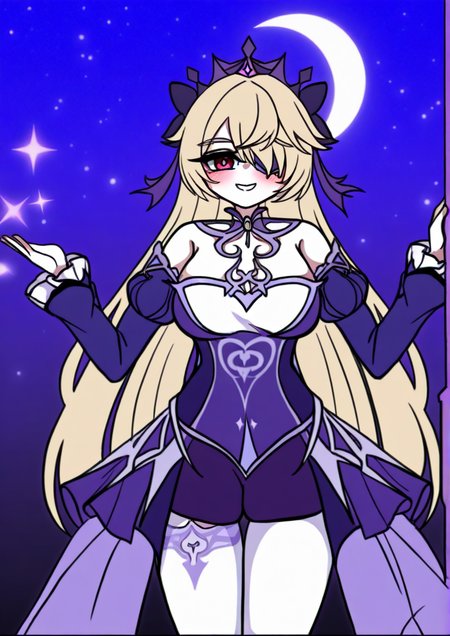 <lora:Tokigui:1.2>,1girl, fischl (ein immernachtstraum) (genshin impact), fischl (genshin impact), huge breasts, asymmetrical legwear, bare shoulders, blonde hair, blush, bow, breasts, detached collar, detached sleeves, dress, eyepatch, flower, frilled dress, frilled sleeves, frills, hair bow, light particles, long hair, long sleeves, looking at viewer, messy hair, moon, official alternate costume, pantyhose, purple dress, red eyes, smile, solo, star (symbol), strapless, strapless dress, string, thighhighs, tiara, very long hair, white legwear, white pantyhose,