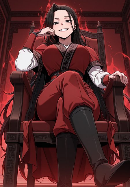 zPDXL3, score_9_up, score_8_up, score_7_up, ,Masterpiece,(perfect female body:1.2), small waist, (incredibly detailed:1.4), beautiful fingers, (large breasts:1.4)  looking at viewer, huge breasts, boots, <lora:Gu_Huibi_-_Childhood_Friend_of_the_Zenith-Kaleid_Illustrious:1> guhuibi, 1girl, black hair, black eyes, very long hair, multicolored hair, chinese clothes, long sleeves, sitting on chair, crossed legs, smile, teeth, arrogance, looking down, from below, flame aura, red aura