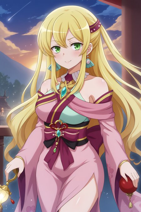 Aphrodite,    elegant kimono, necklace, holding a lantern, early morning, cloudy, <lora:COMMISSION_Danmachi-Aphrodite-PDXL:0.8>
