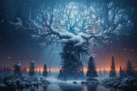 Two small robin birds on a snowy branch of a tree, one with a woolen hat and the other with a scarf illuminated by a lantern hanging from a branch, it is getting dark and snowing, in the background the last lights of the day and snowy trees blurred by the fog and falling snow, 3D style, Disney, Pixar, 4K, the little birds in focus, detailed drawing something that does not even exist, mythical being, energy, molecular, textures, impressive beauty, pure perfection, divine presence, unforgettable beauty, impressive , impressive, volumetric light, auras, rays, vivid reflected colors, you can see snowflakes falling, studio lighting, very detailed
